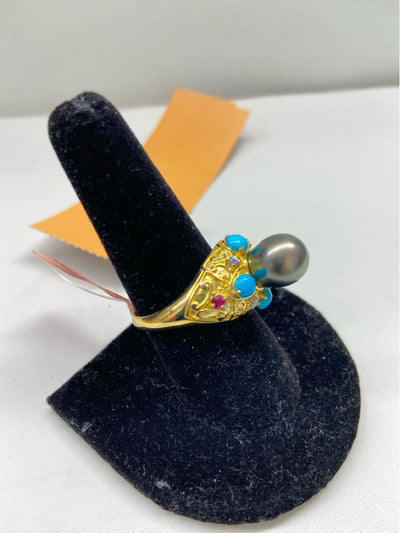.925 Sterling Silver Gold Tone Size 10 Gray Pearl Ring