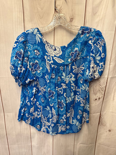 Nicole Miller Women's Size M Blue Floral Short Sleeve Top