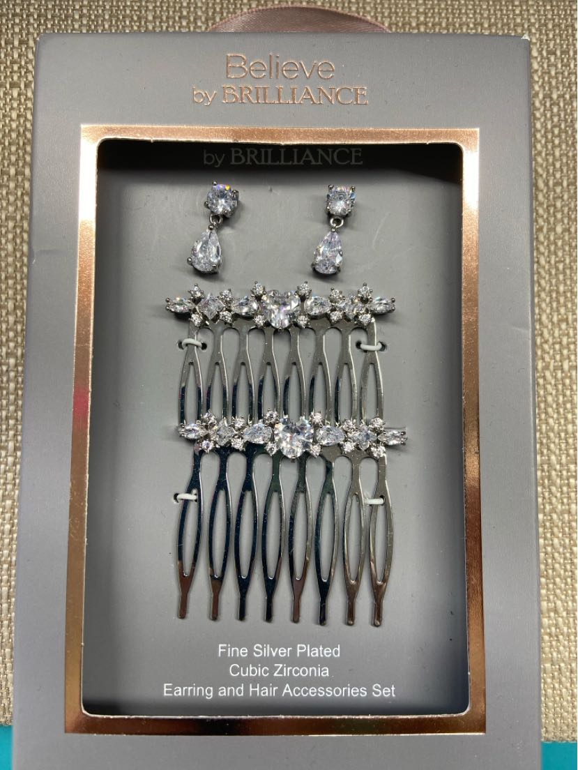 NIB Believe by Brilliance Silver Plated CZ Earrings & Hair Clip Set