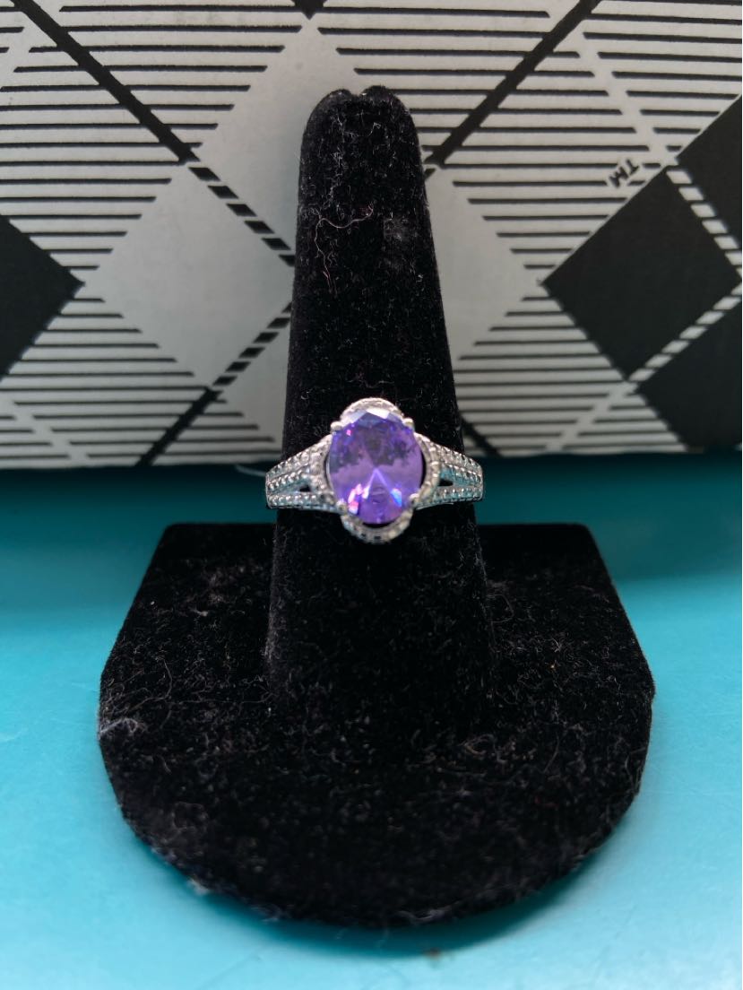 .925 Sterling Silver Size 10 Purple Stone Ring