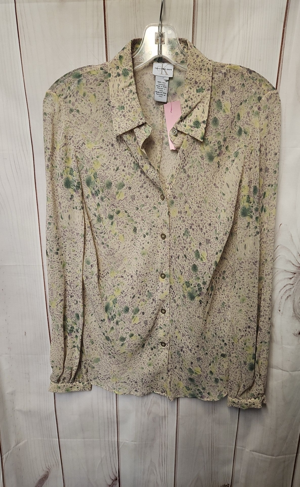 Calvin Klein Women's Size M Beige Silk Floral Long Sleeve Top