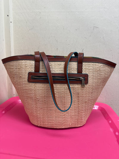 NWT Patricia Nash Blue Beaded Butterfly Tan Wicker Tote Bag