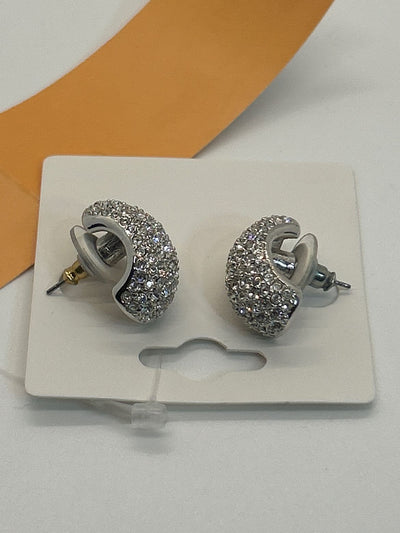 Crystal Rhinestone Silver Pave Half Hoop Thick Earrings