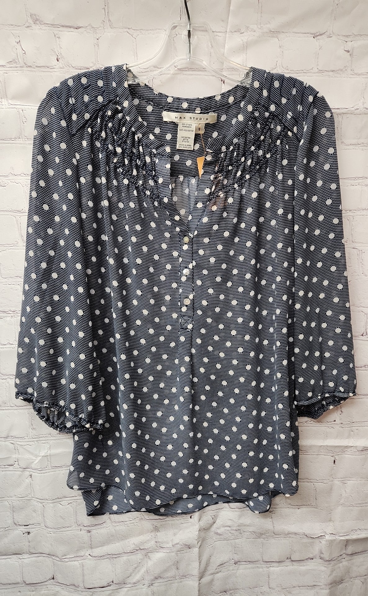 Max Studio Women's Size S Blue Polka Dot 3/4 Sleeve Top