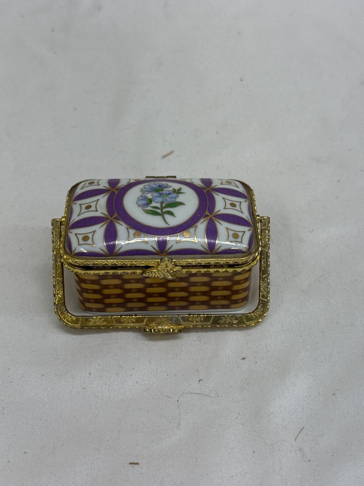 Ceramic White Purple Floral Trinket Box