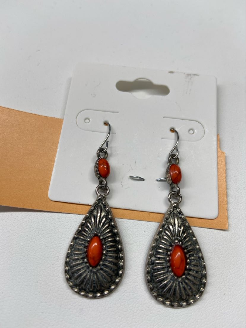 Silver Red Stone Drop Earrings