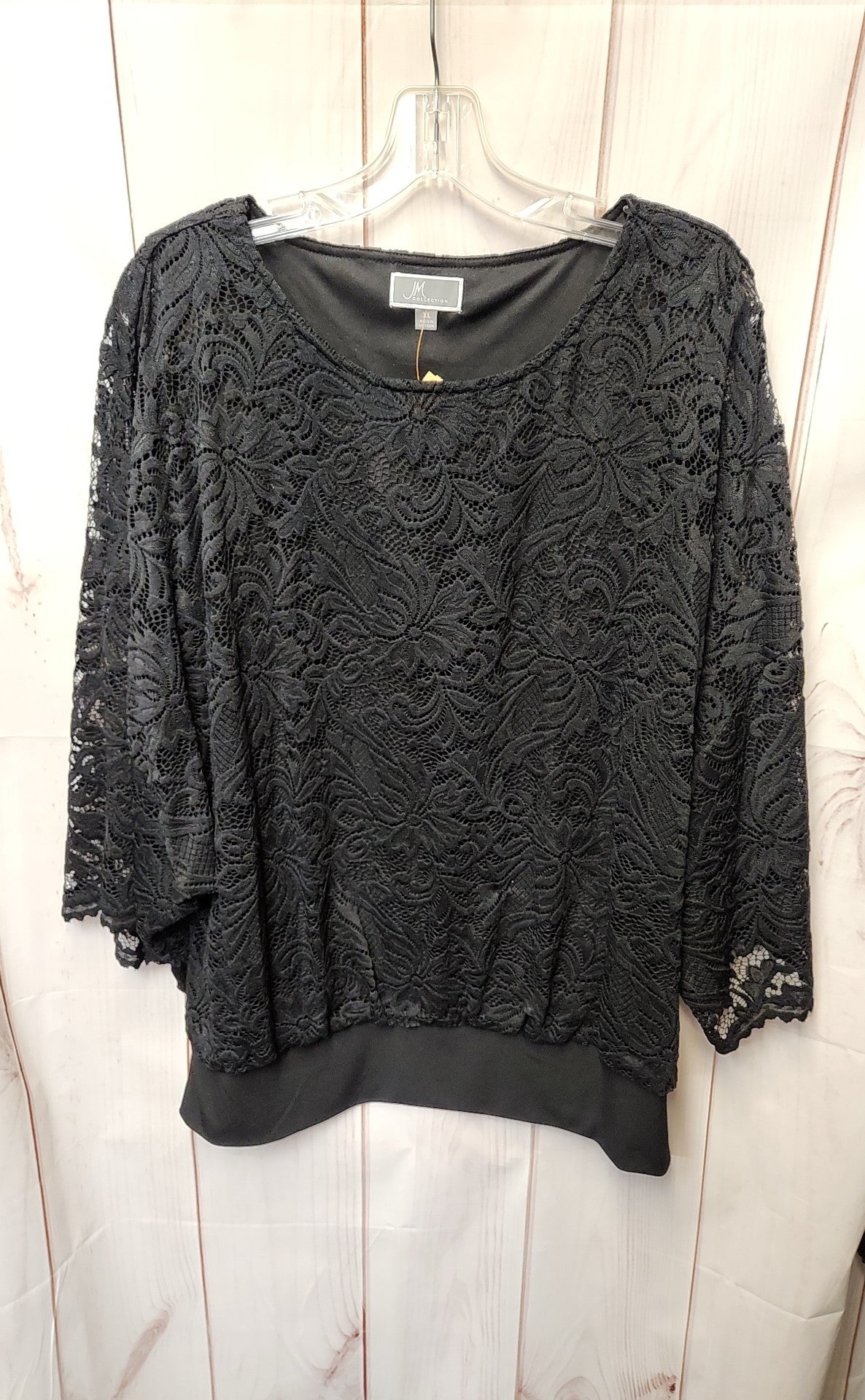 JM Collection Women's Size XL Black Lace Floral 3/4 Sleeve Top