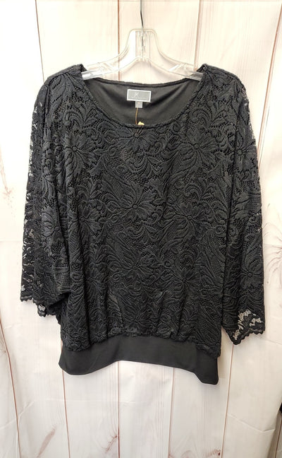 JM Collection Women's Size XL Black Lace Floral 3/4 Sleeve Top