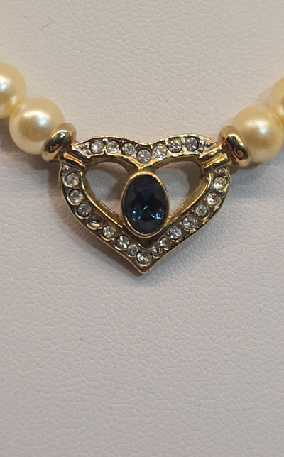 Vintage White Beaded Heart Shape Blue & Crystal Stone on Gold 15" Necklace