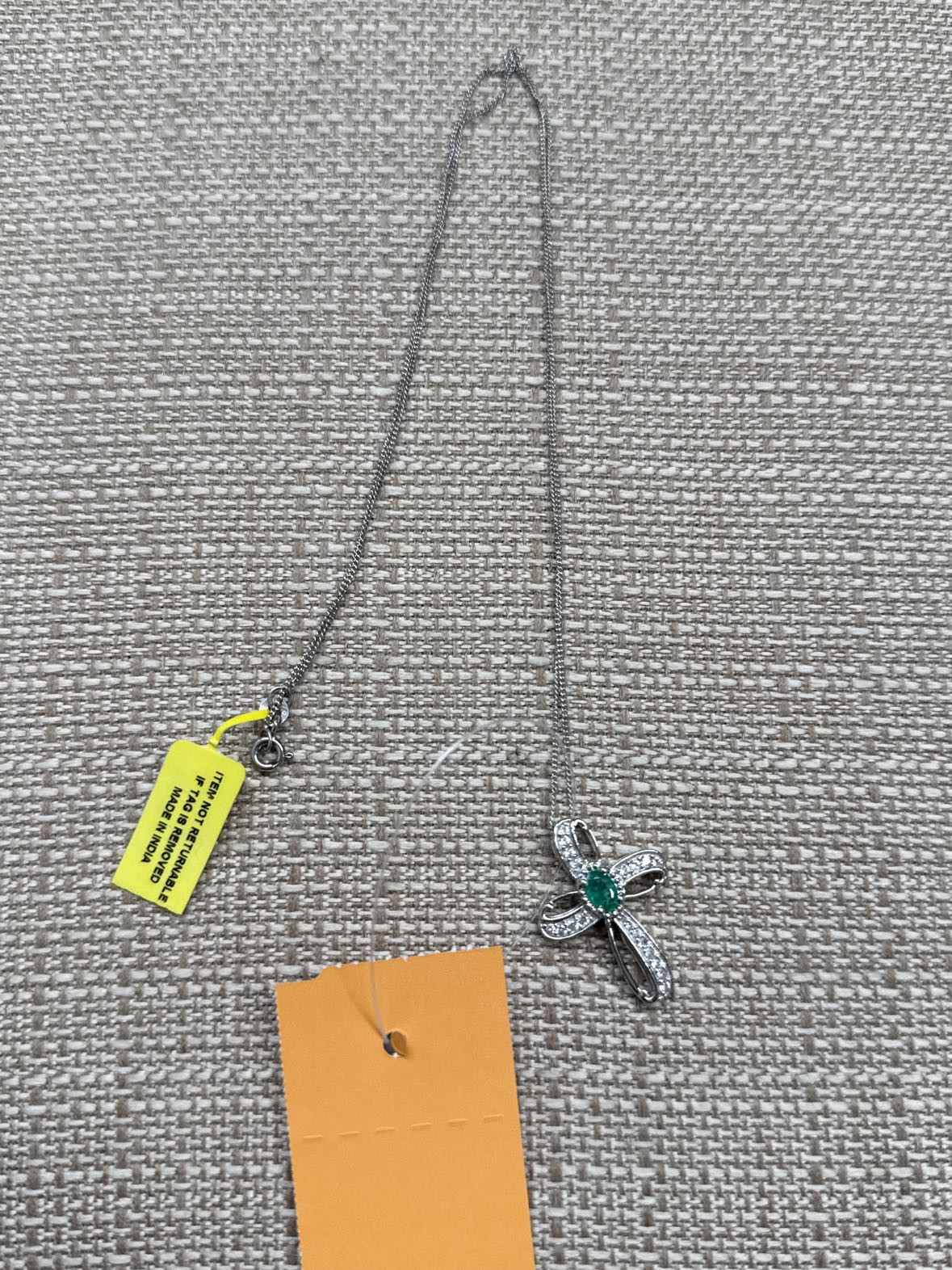 .925 Sterling Silver Green Stones Cross Necklace