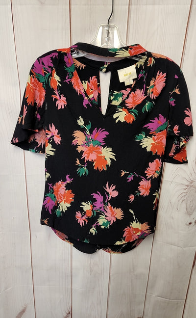 Maeve Anthropologie Women's Size S Black Floral Short Sleeve Top
